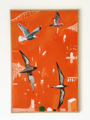 Orange Hobart with birds 600x900mm acrylic on canvas. Contact me to purchase.
