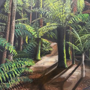 The magical walk to Russell Falls 460x460mm acrylic on canvas