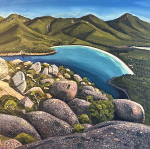 Looking down to Winglass Bay 460x460mm acrylic on canvas
